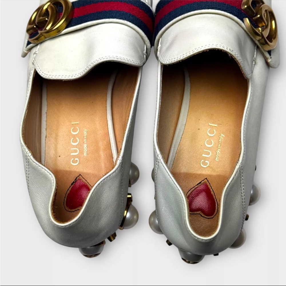Gucci Ivory Leather Pearl Heel GG Marmont Loafers Shoes Women 36 US Size 6 - Picture 10 of 16